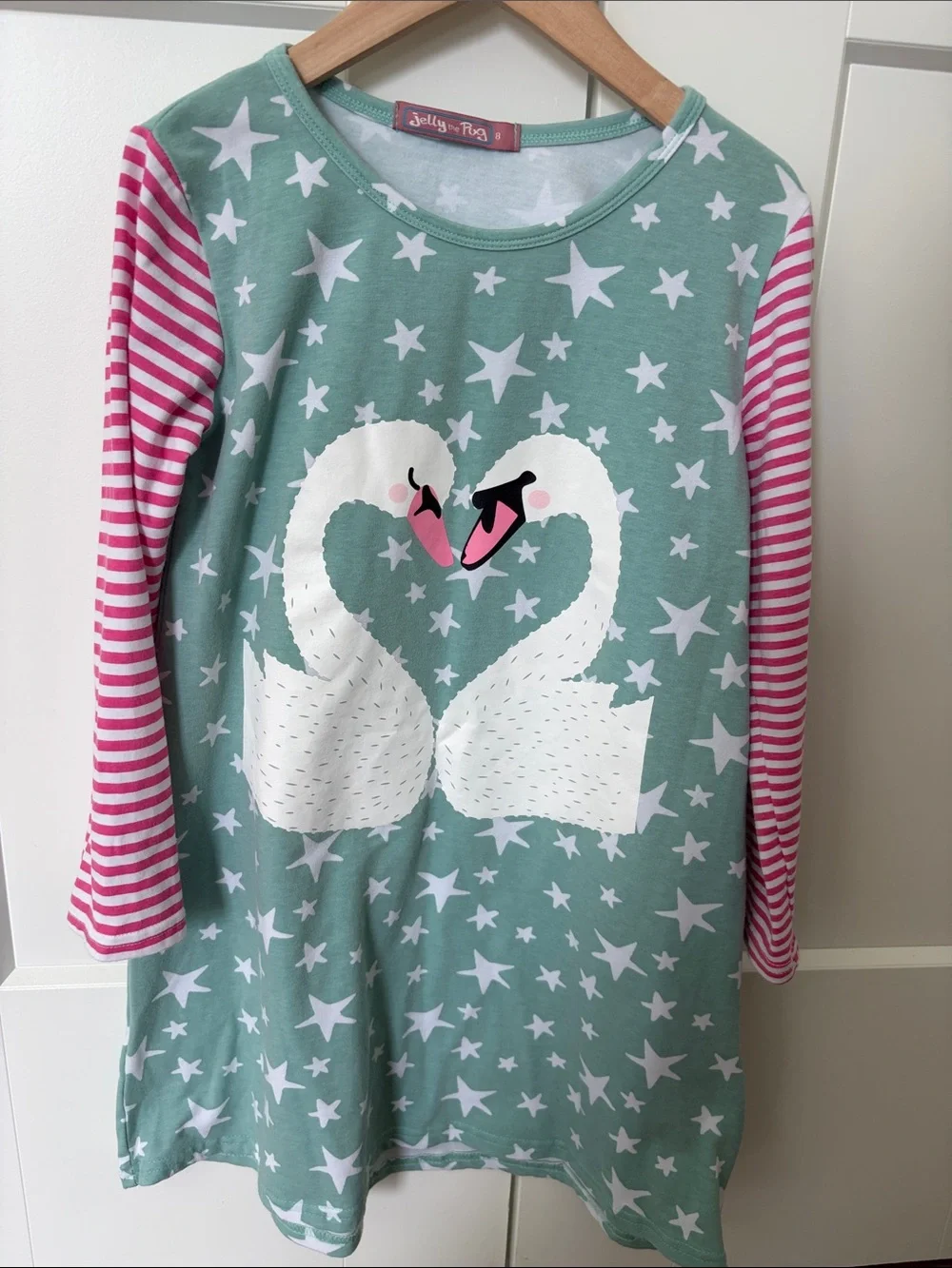 Girls' Mint Swan Star dress with Pink Stripe Sleeves